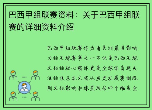 巴西甲组联赛资料：关于巴西甲组联赛的详细资料介绍